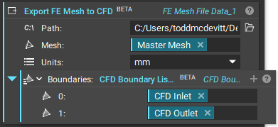The Export FE Mesh to CFD block with a CFD Boundary List in its Boundaries input.