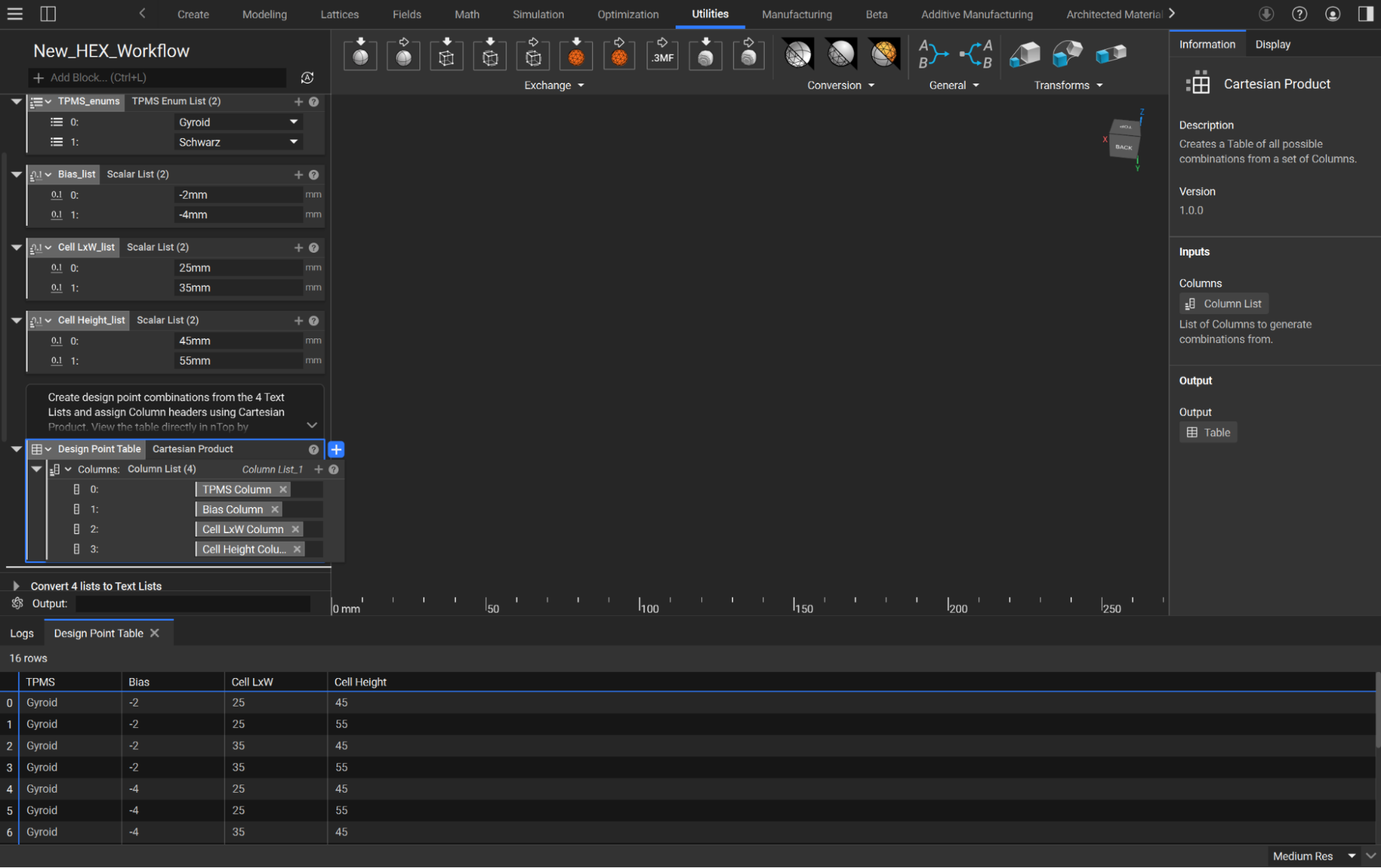An example of using the Cartesian Product block to combine input columns.