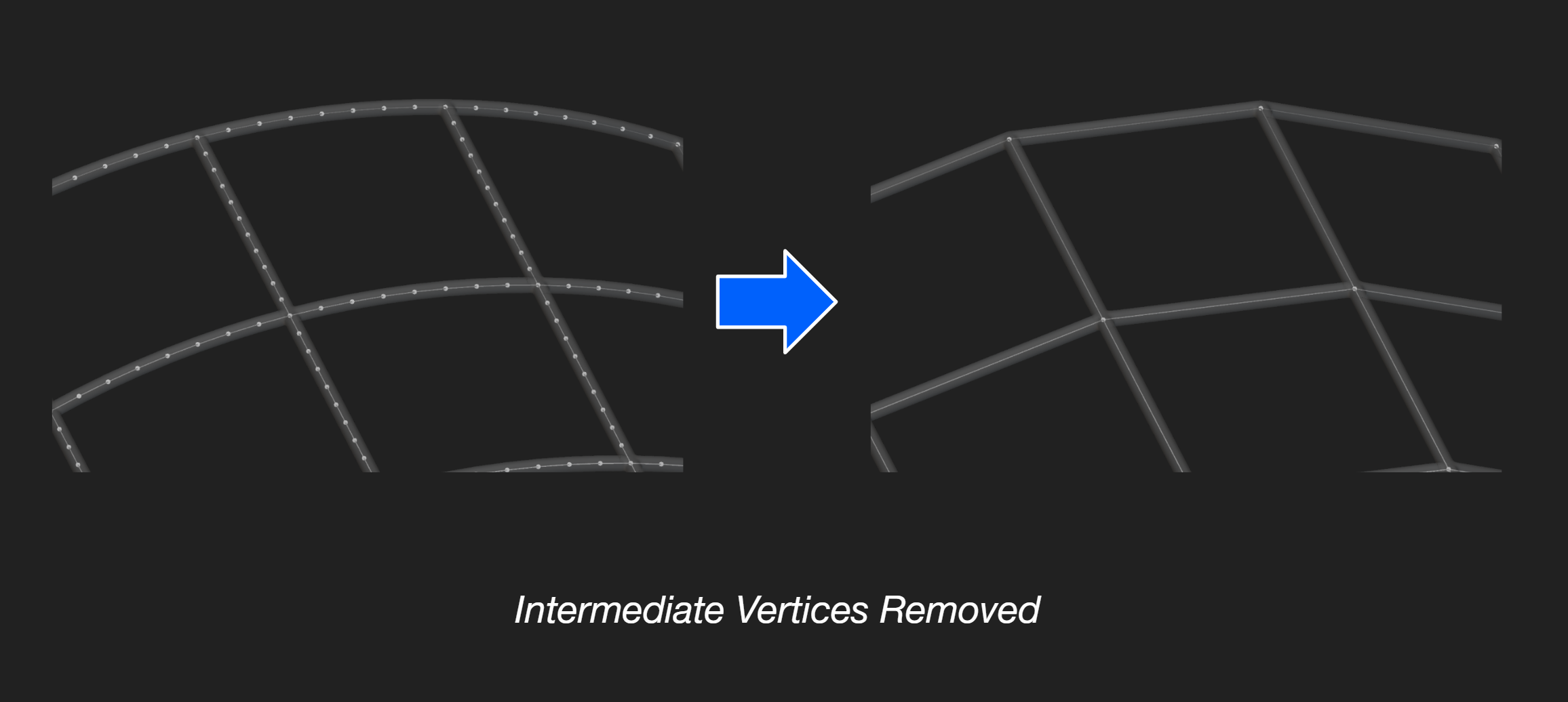 The Collapse Vertices by Angle block is used to remove excessive vertices based on an input angle. The image shows a lattice before and after using the block to remove extra vertices.