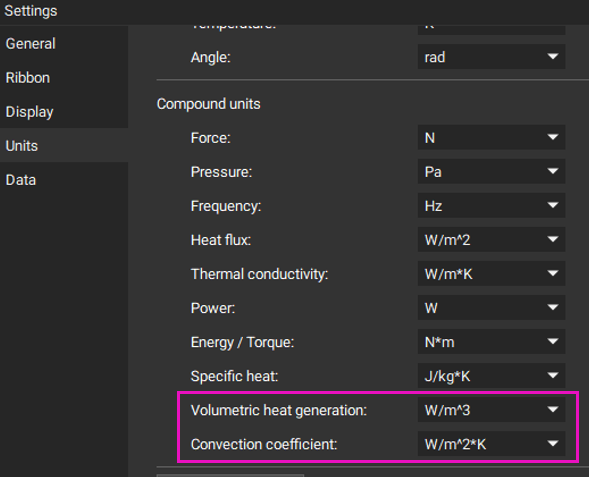 Volumetric heat generation and Convection coefficient have been added to the Compound units list.