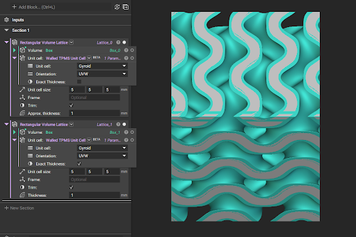 A comparison of two lattices generated with the same inputs, except one has the Exact Thickness input enabled. The blue lattice has exact thickness enabled and the grey lattice does not.