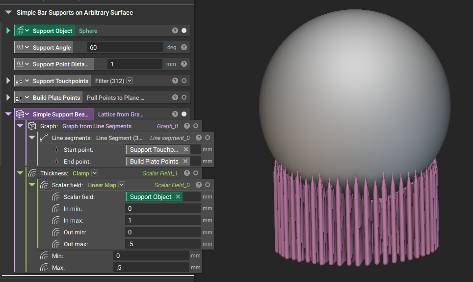 Using the Graph from Line Segments block to generate a graph below a floating implicit body. The graph is then converted to lattice beams, that will be used as support beams for manufacturing the implicit body.