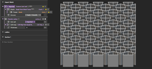 The graph generated from the Graph from Mesh Faces block is then used to create a custom unit cell. The custom unit cell is then used to create a Periodic Lattice.
