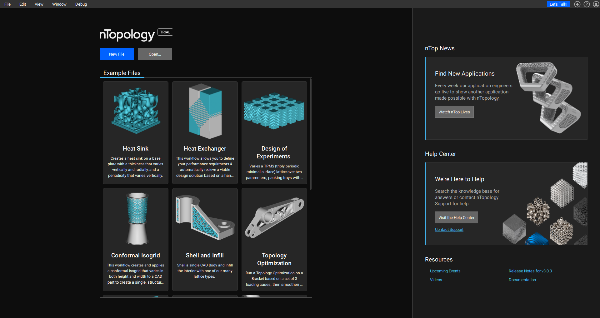 The nTop home screen showing example files, nTop News, and Help Center resources.