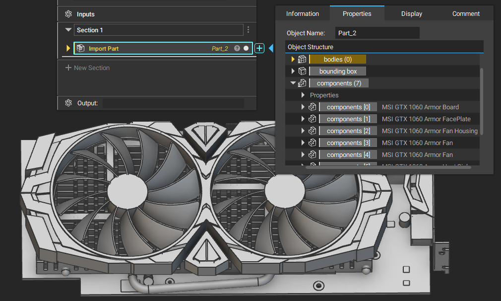 The Import Part block with its properties panel open. The properties panel of the imported assembly shows each of the individual components with their associated CAD names.
