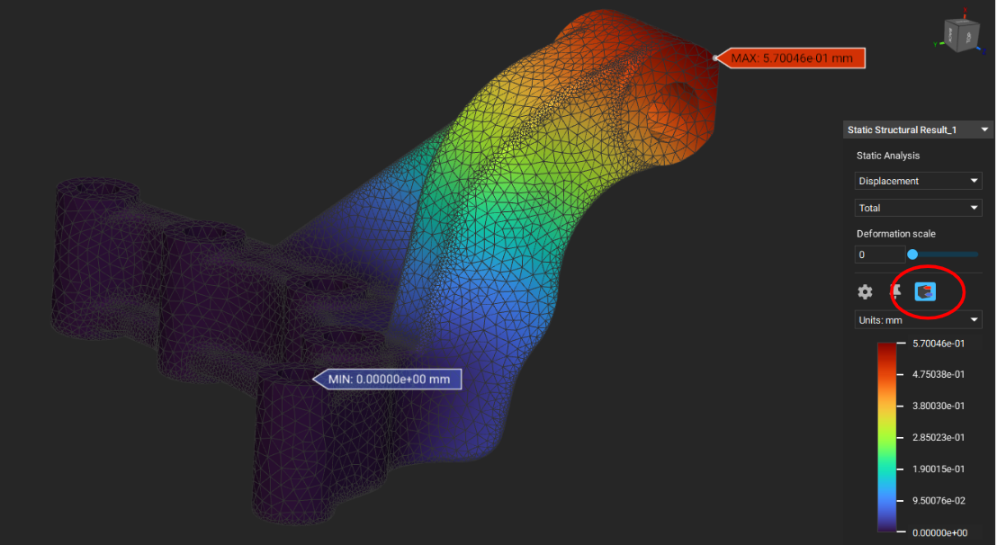 An example of a Static Analysis conducted on a part. The simulation HUD now allows you to place Minimum and Maximum value probes on the simulation results.