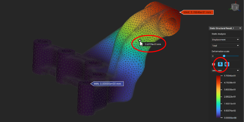 An example of a Static Analysis conducted on a part. The simulation HUD now allows you to probe the simulation mesh, and the values are automatically displayed as you hover sections with your mouse.
