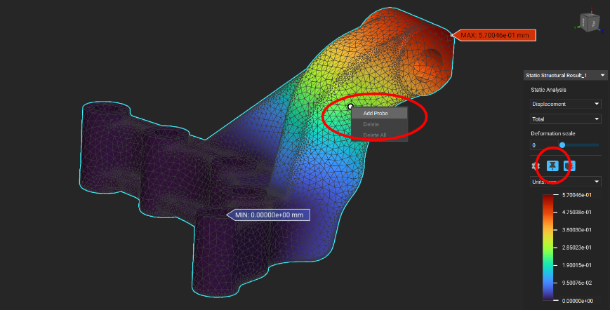 An example of a Static Analysis conducted on a part. The simulation HUD now allows you to probe the simulation mesh, and the values are automatically displayed as you hover sections with your mouse. You can right click and select Add Probe to implement a persistent probe on the results.