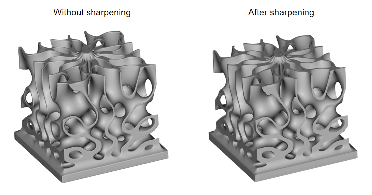 The left image shows a mesh without sharpening enabled. The right image shows the same mesh with sharpening enabled.