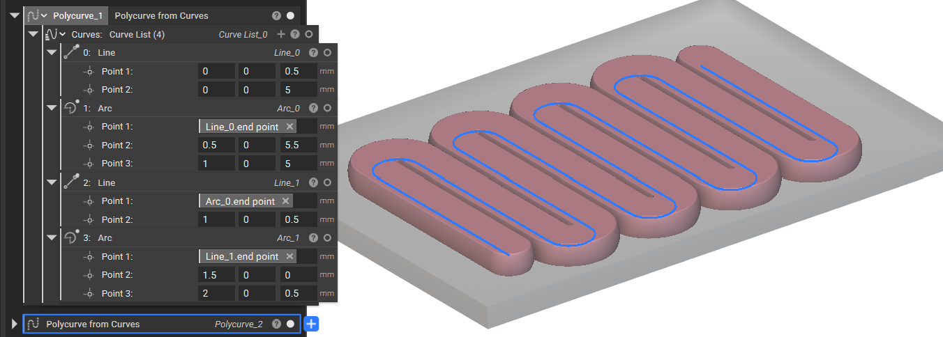 An example of generating a polycurve using the Polycurve from Curves block.