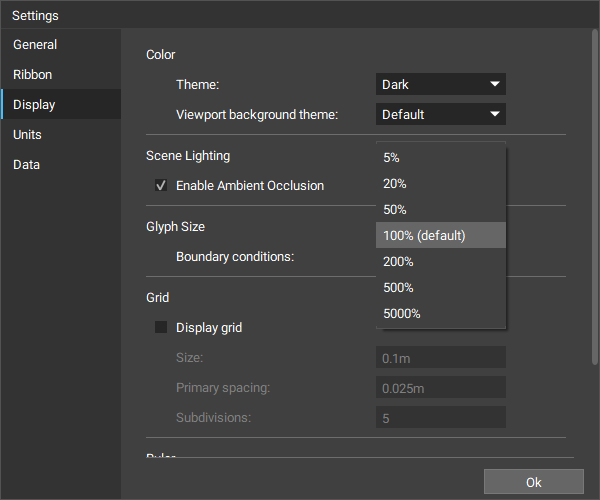 The settings menu in nTop open to the Display tab. There is now a setting for Glyph Size.