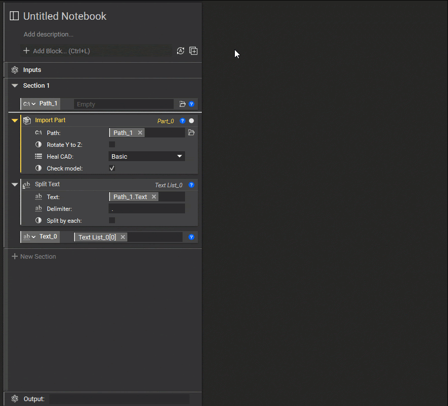 A gif example of using the Split Text block to separate elements of a file path.