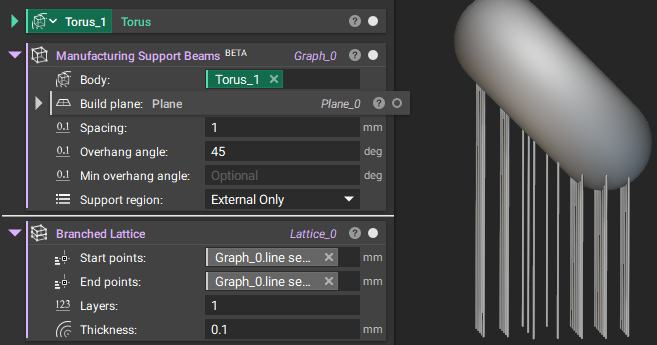 An example of using the Manufacturing Support Beams block to generate graph beams under unsupported areas of an implicit body. The graph beams are then converted to lattice using the Branched Lattice block.