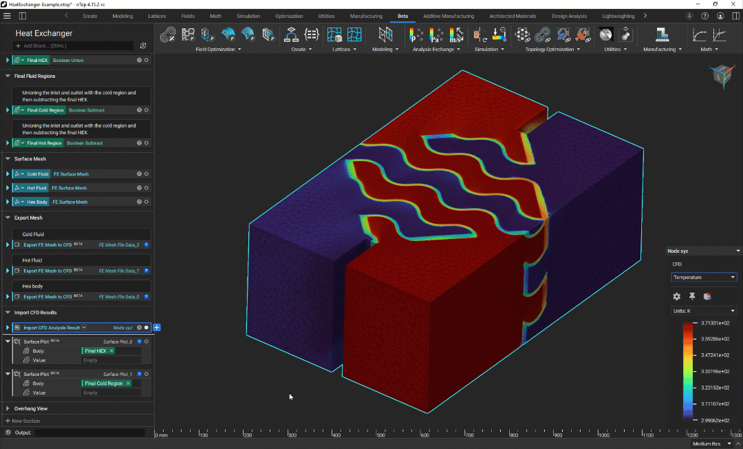 An example of using imported CFD results to shade an implicit body using the Surface Plot block.