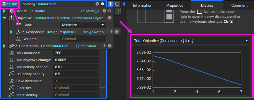 In nTop 4.11, the display tab contains the optimization plots. These update while the optimization is running.