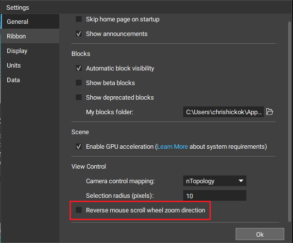 The Settings menu of nTop. The General tab now has an option to reverse mouse scroll wheel zoom direction.