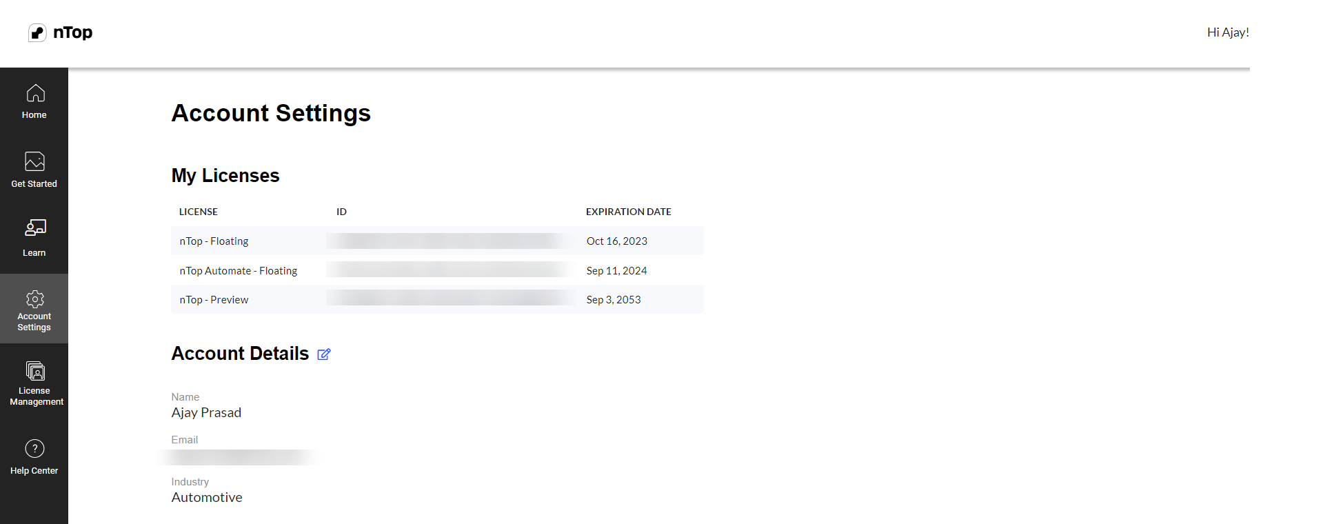 An example account settings page on app.ntop.com. This page now displays all licenses assigned to a user.