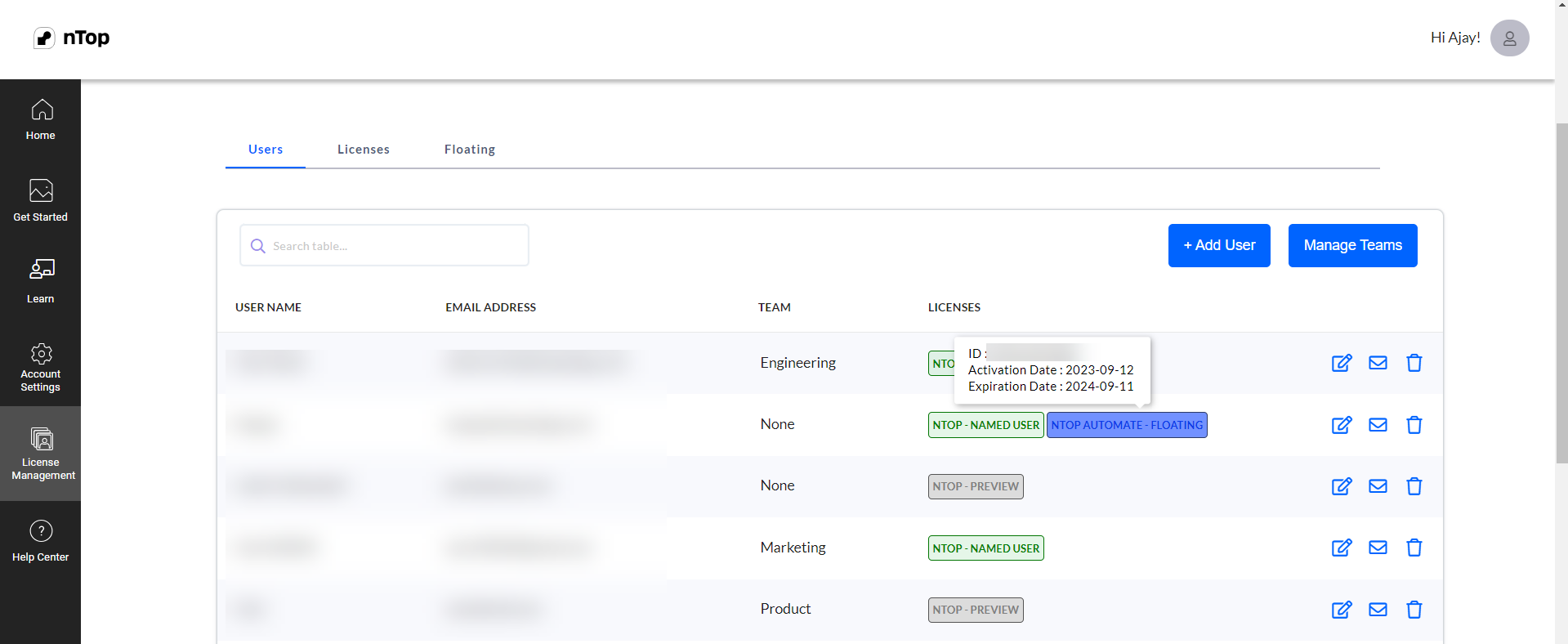 The license management page on app.ntop.com.