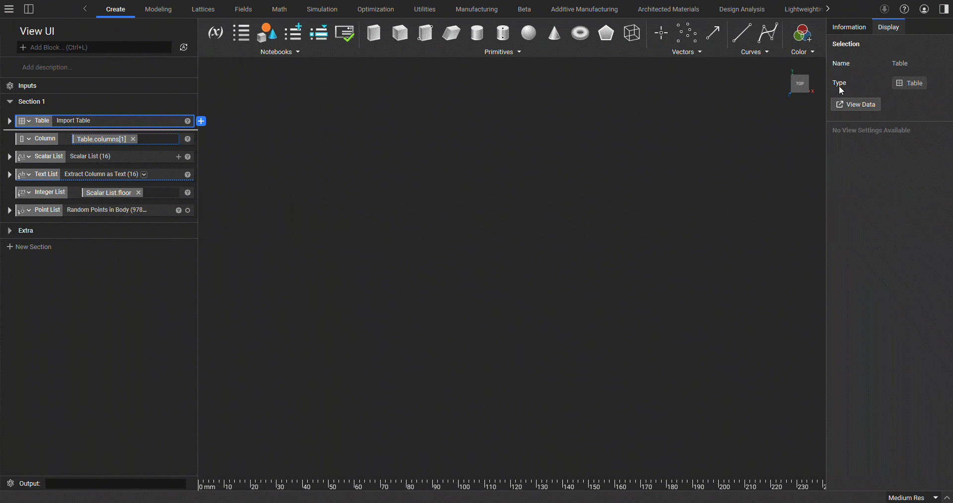 A demonstration of using the View Data button to visualize data as a Table.