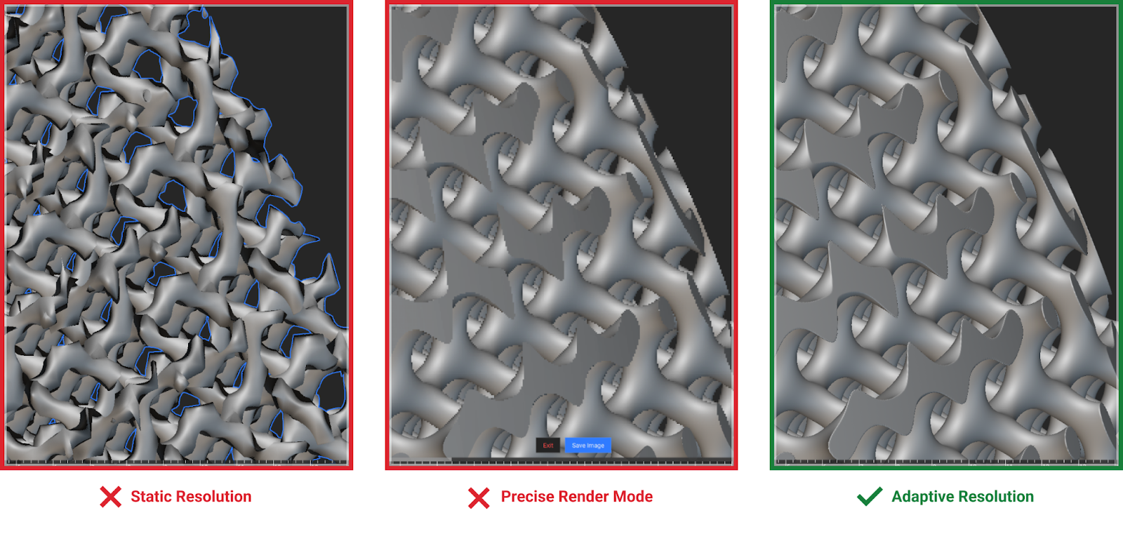3 different options for visualizing a lattice in nTop. The left image shows the lattice with static resolution settings. The middle image shows the lattice with Precise Render enabled. The right image shows the lattice with Adaptive Resolution enabled.