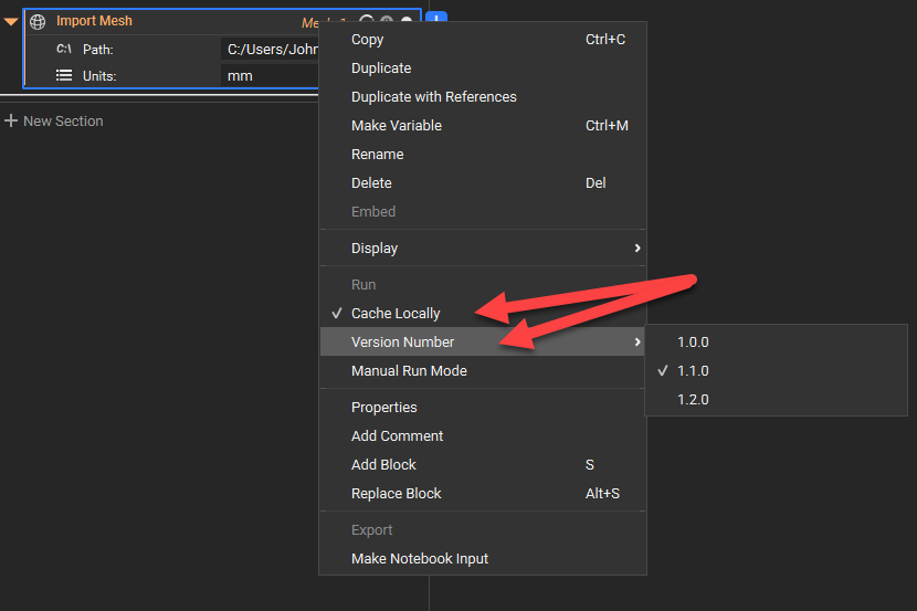 An image showing how the cache locally and version number options are now available in the block right click menu.