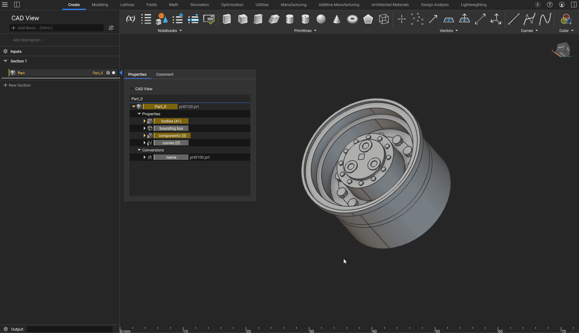 An example of using the CAD View option in the Import Part properties panel. This isolates the properties to only display CAD elements.