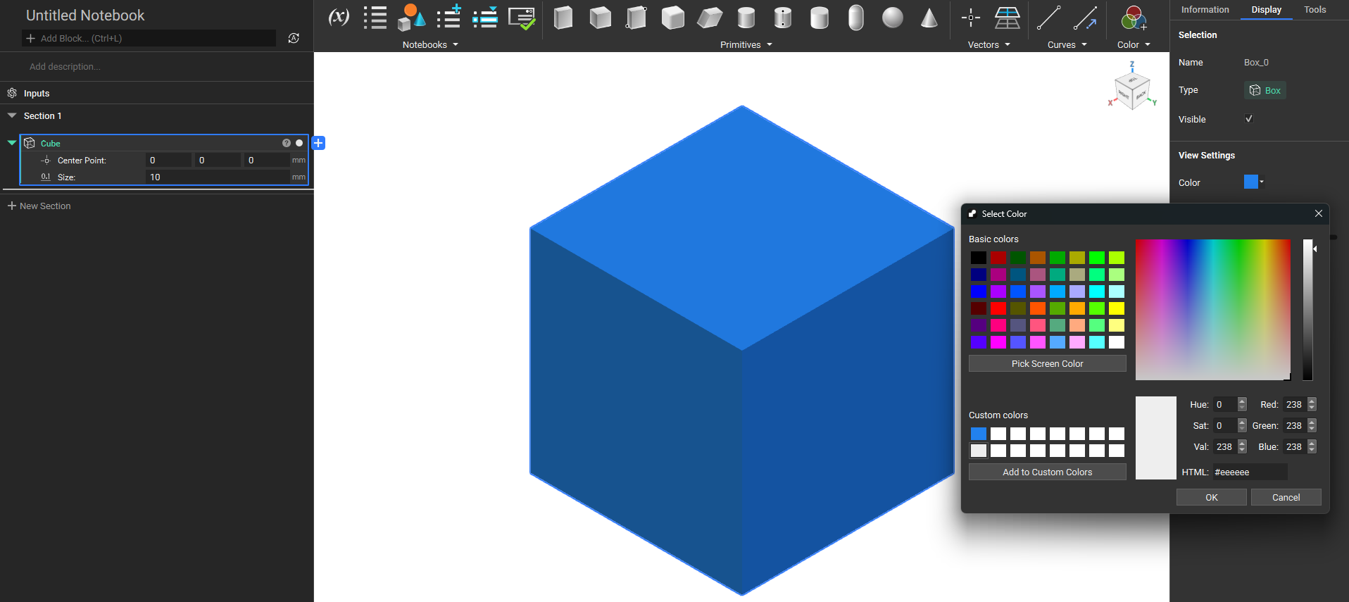 An image highlighting the custom color picker function in nTop.