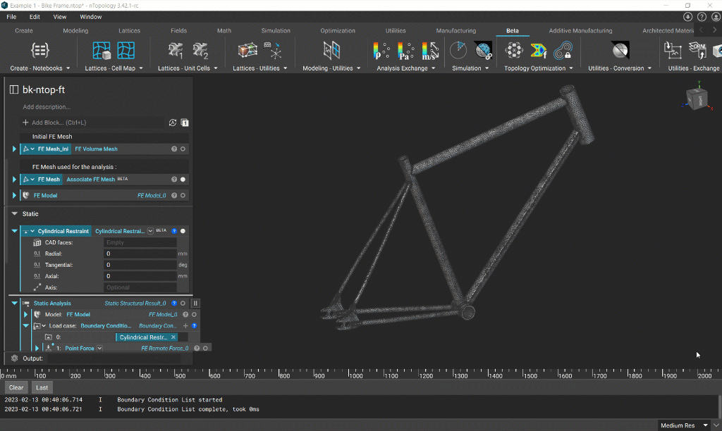 An example of applying a Cylindrical Restraint block to a static analysis of a bike frame.