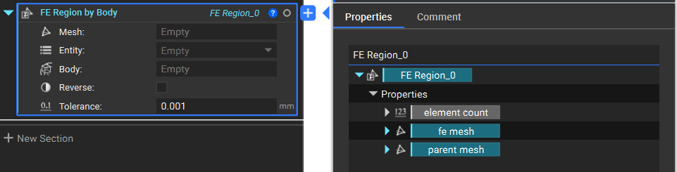 The FE Region by Body block now has an FE Mesh and Parent Mesh property chips.