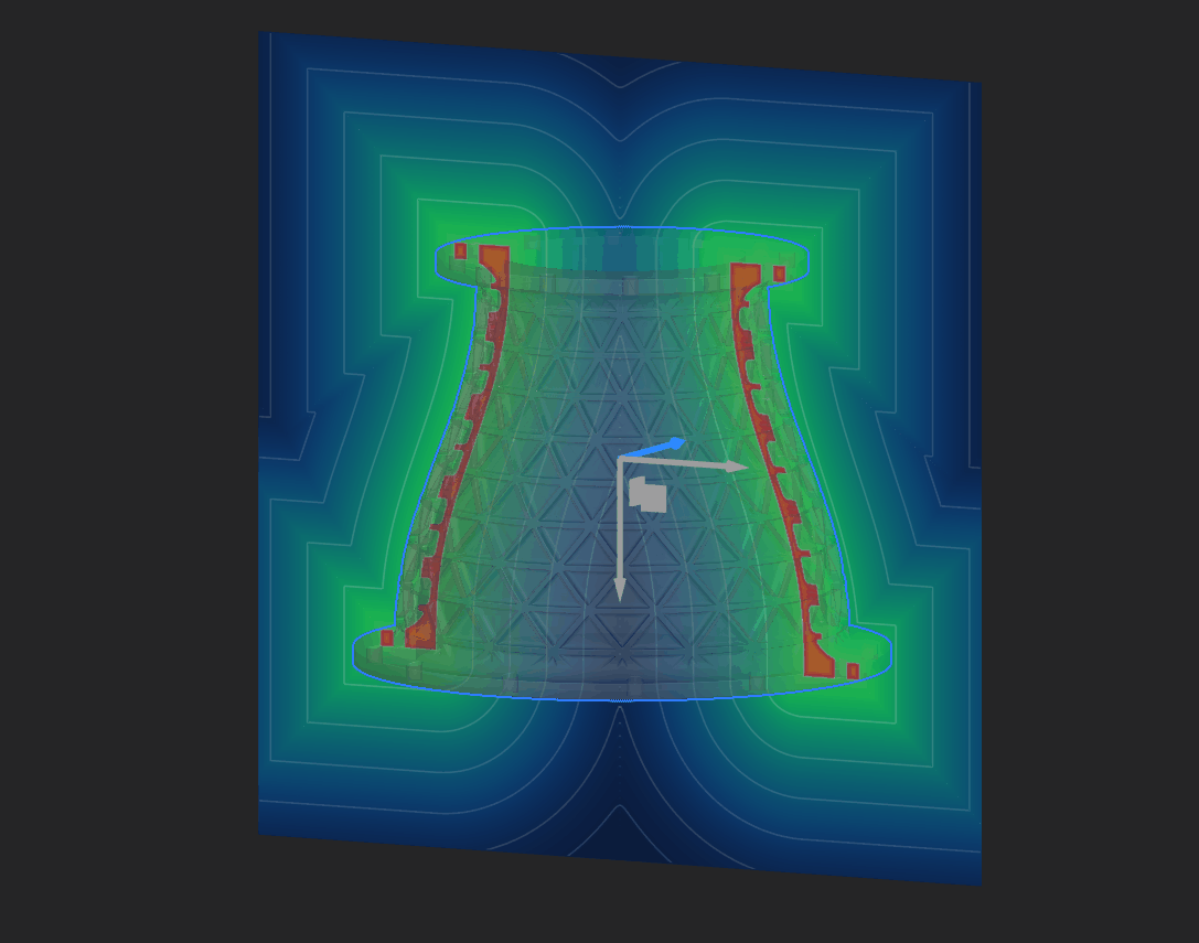 A gif showing an implicit body nozzle shape, with conformal ribs on its surface. The field viewer is turned on. The field plane is being moved across the yz plane to show how the field changes across the part.