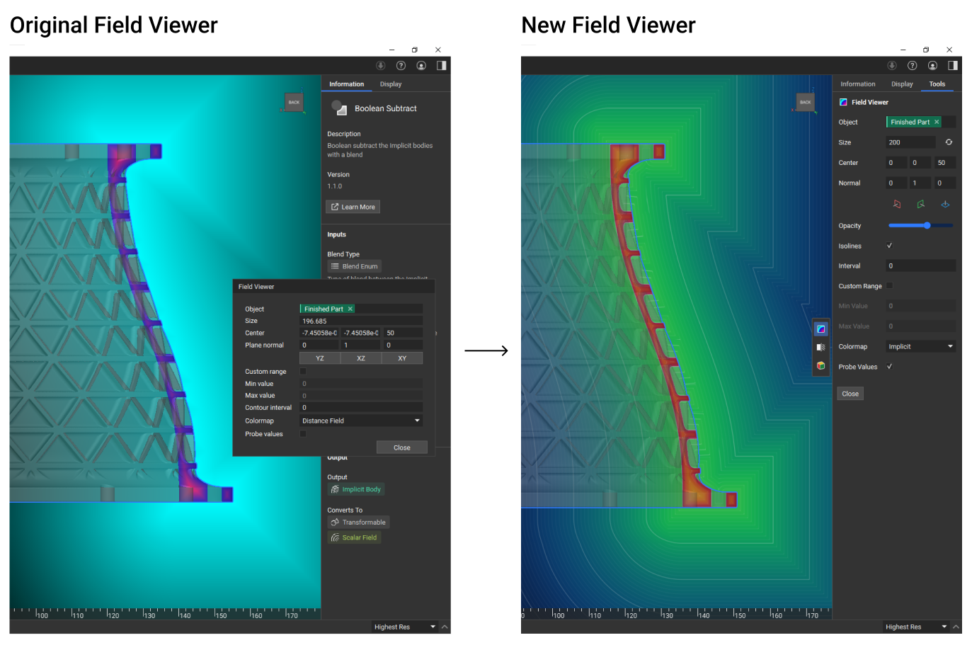 The image on the left shows the field viewer before nTop 5.15. The image on the right shows the new field viewer after nTop 5.15.