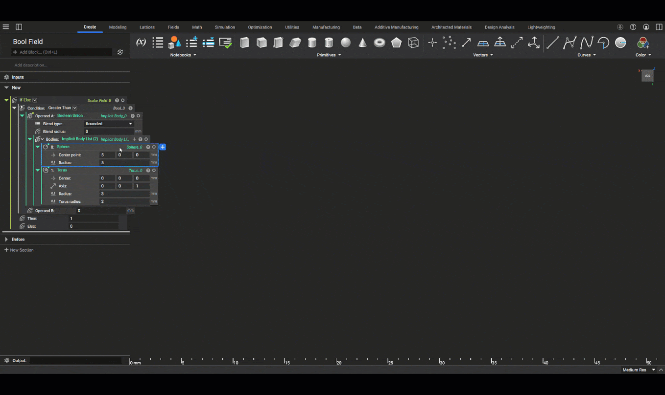 An example of using the If-Else block to control the output scalar field of an implicit body.
