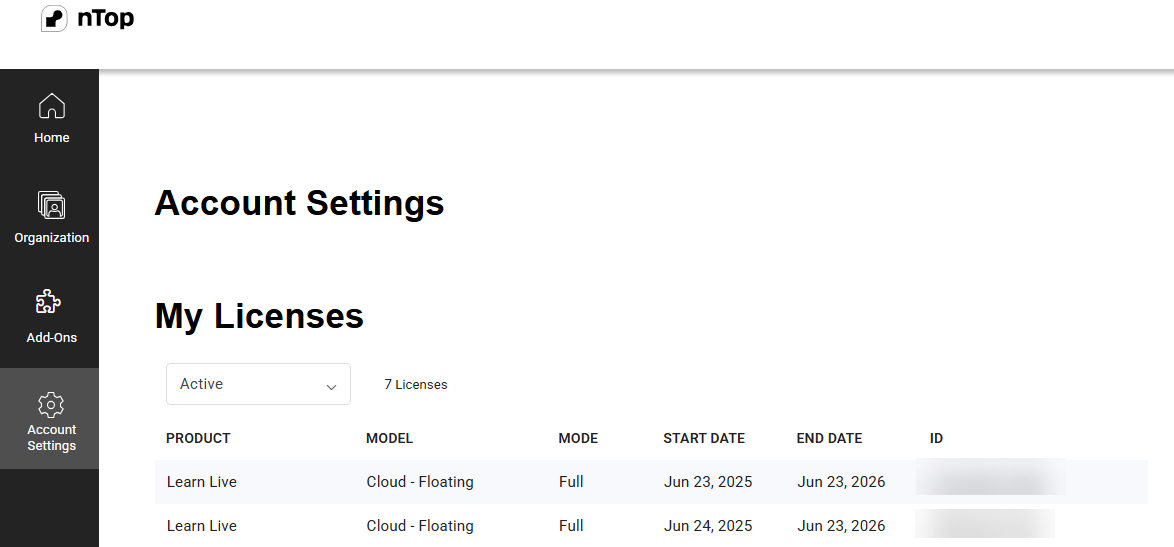 Learn Live licenses now appear in the account settings tab of app.ntop.com if you have a license assigned to you.