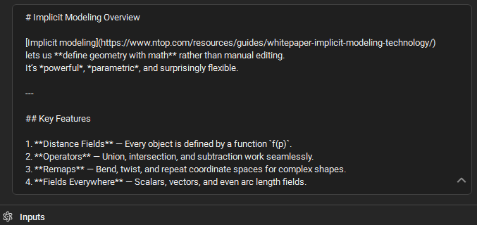 A notebook description before Markdown Support was added to nTop.
