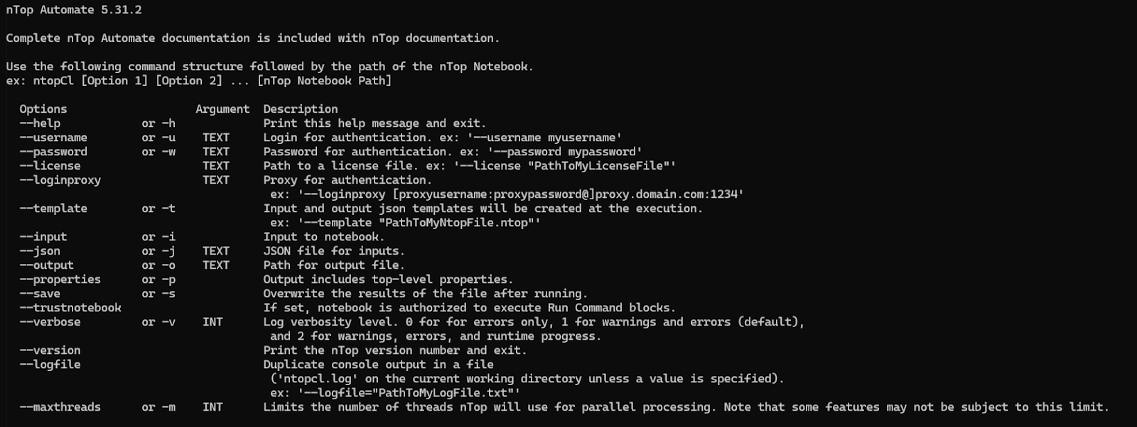 All of the available commands in ntop automate shown in the command prompt.