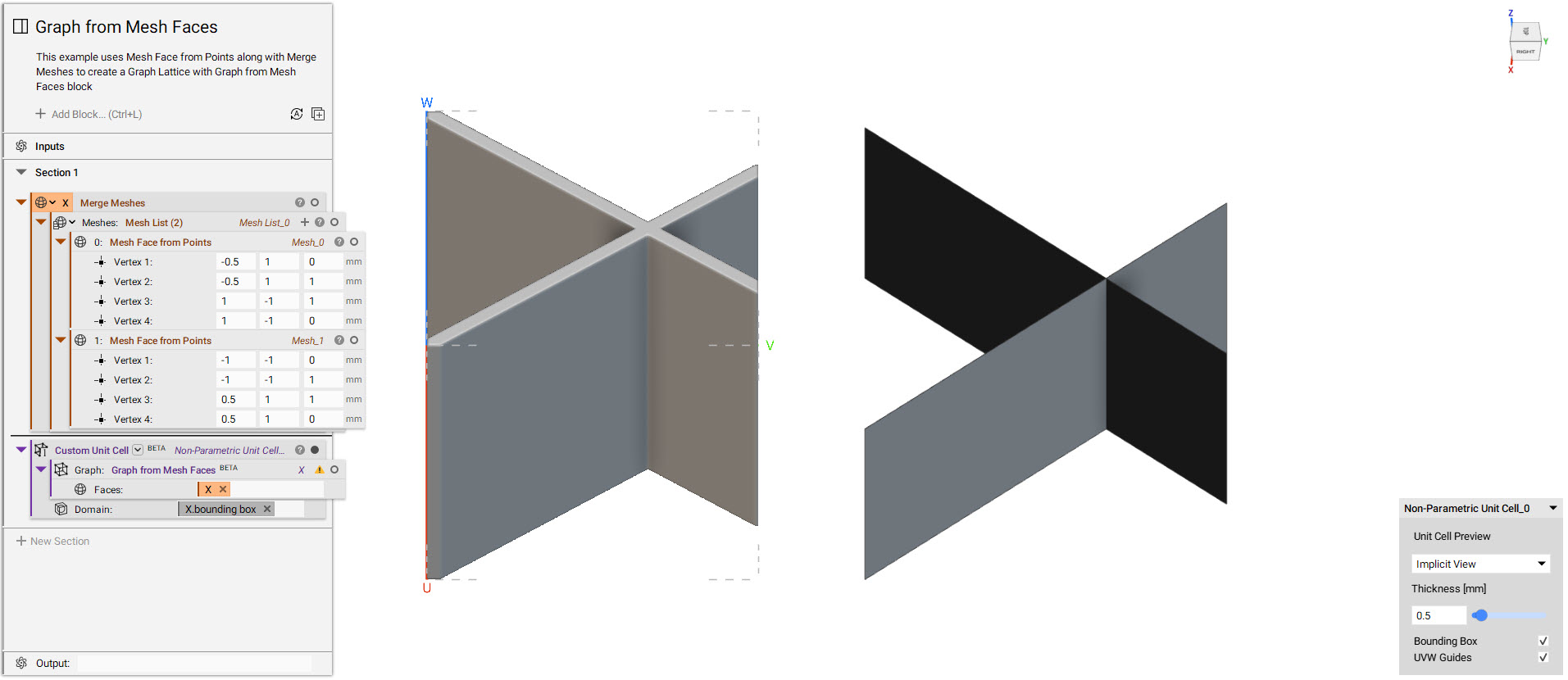 An example of the Mesh Face from Points block. The mesh faces are then used to create a custom unit cell after being converted to a graph.