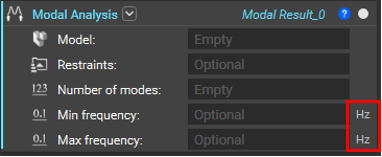 The Modal Analysis block with Hz units automatically applied to the Min and Max frequency inputs.