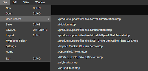 The nTop menu now has an Open Recent section where you can access recently modified files.