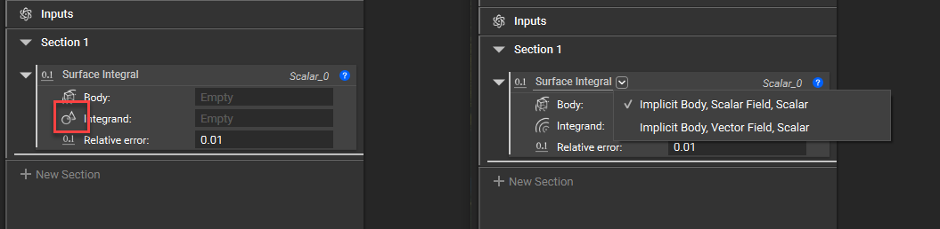 The old Surface Integral block had a variant input for the Integrand input. It now by default has a Scalar Field input for the Integrand by default.