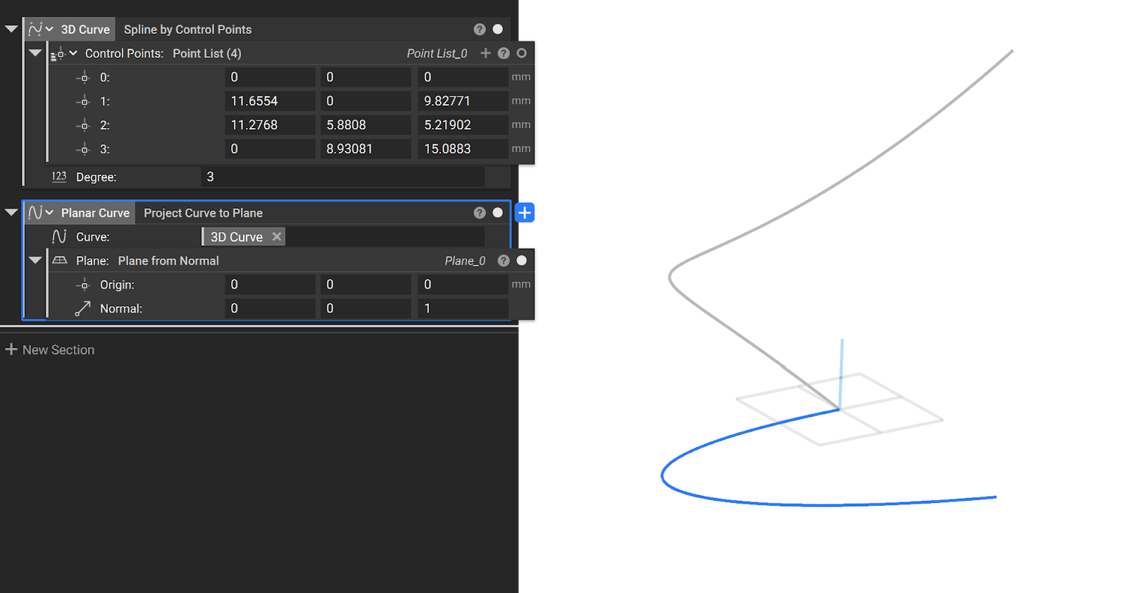 An example of using the Project Curve to Plane block.