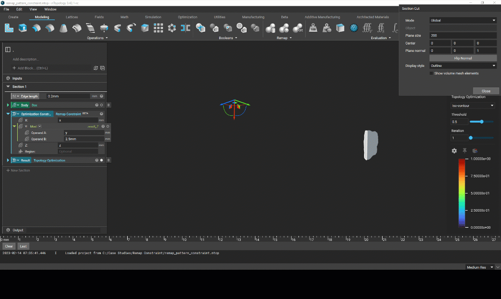 An example of using a Remap Constraint block to maintain symmetry in a topology optimization analysis.