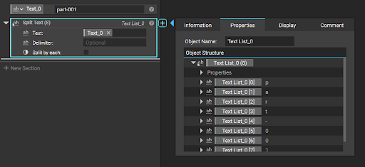 A split text block with its properties panel open.