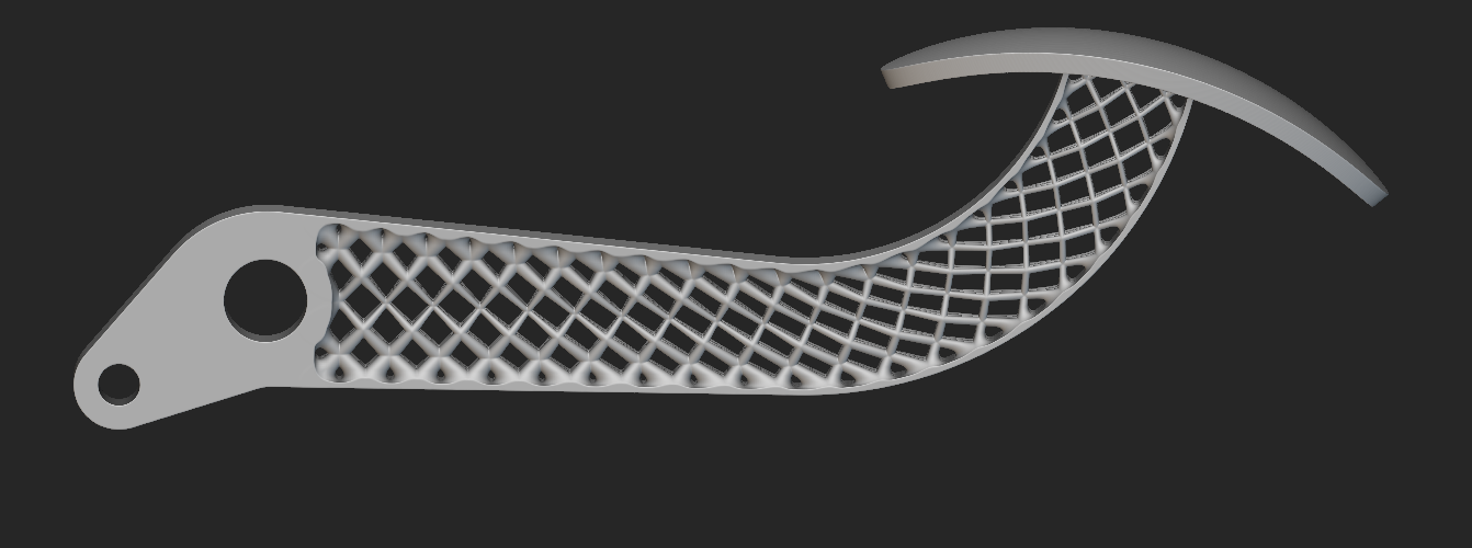 A brake pedal lightweighted using a Lattice. The Lattice Thickness input is a Scalar Field generated from simulation results. In version 3.33, the Lattice is generated and rendered in 12.5 seconds. In 3.34, the generation and render time completes within 0.9 seconds.