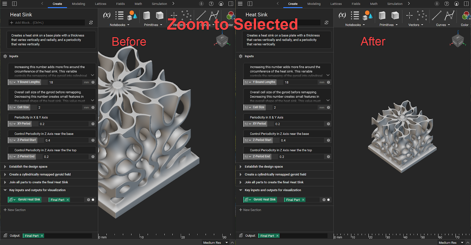 An example showing the updated view when using the zoom to selected function in nTop. The geometry is no longer covered by the notebook.